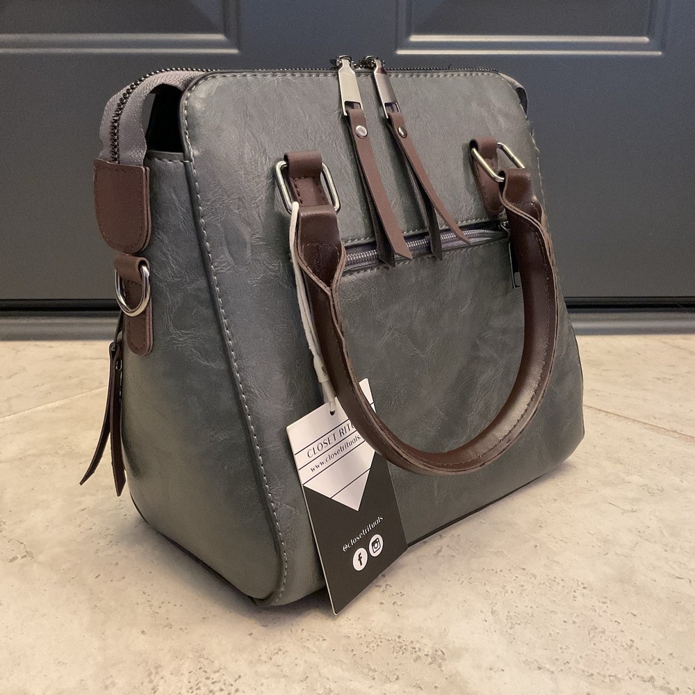 Closet Rituals Dark Gray & Brown Satchel Top Handle Bag Zip Detachable Strap